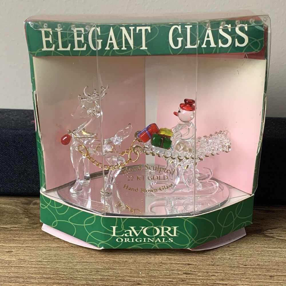 LaVori Original Hand Blown Glass 22 KT Gold Accents Snowman In Sled With Deer